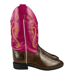 Old West Square Toe Cowboy Boots Brown and Pink Youth Size‎ 7  W8-8.5